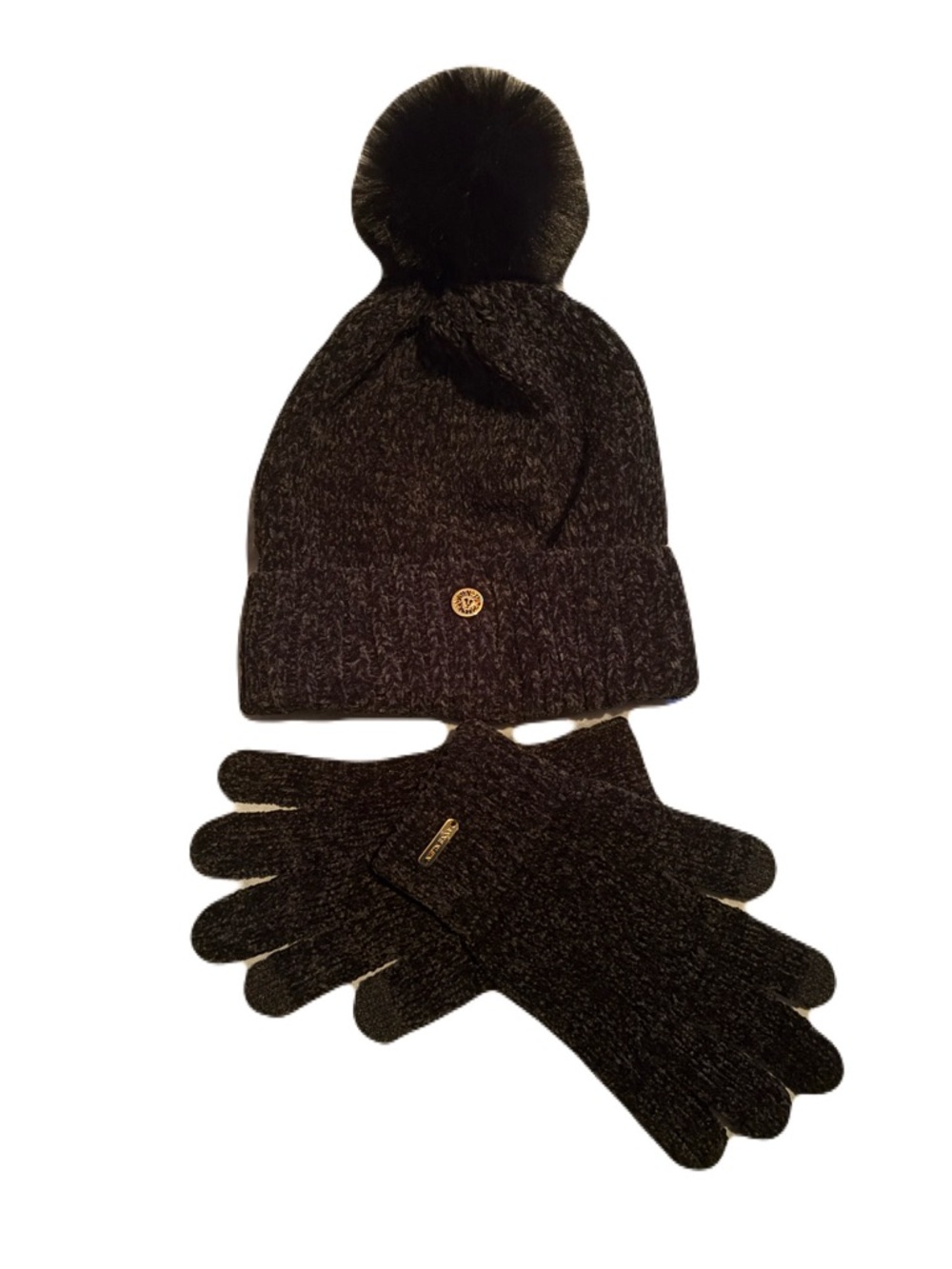 Anne Klein | Women’s Black Knit Pom Beanie & Gloves Set